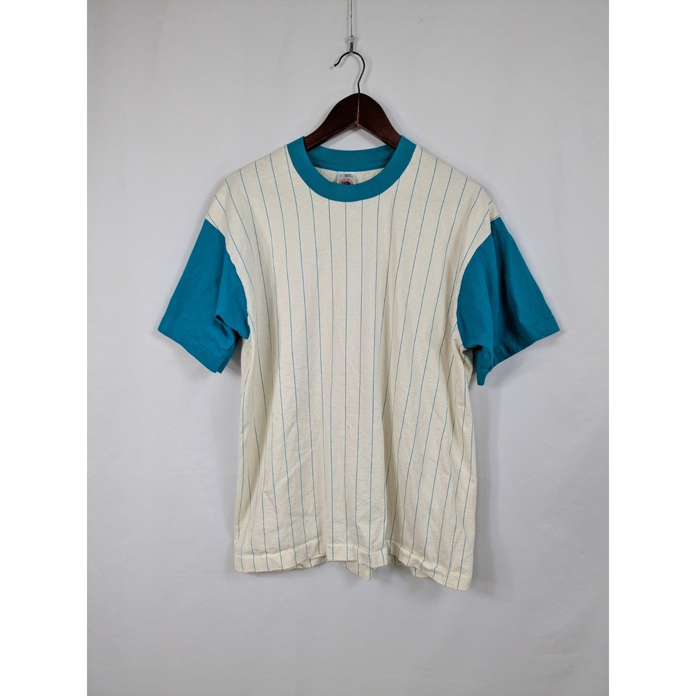 Vintage 90s Fruit of the Loom Pinstripe Baseball Shirt Teal Striped Mens Large
